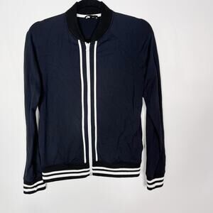 Theory Womens Small S Black Knit Bomber Jacket Full Zip Ribbed Stripe Detail